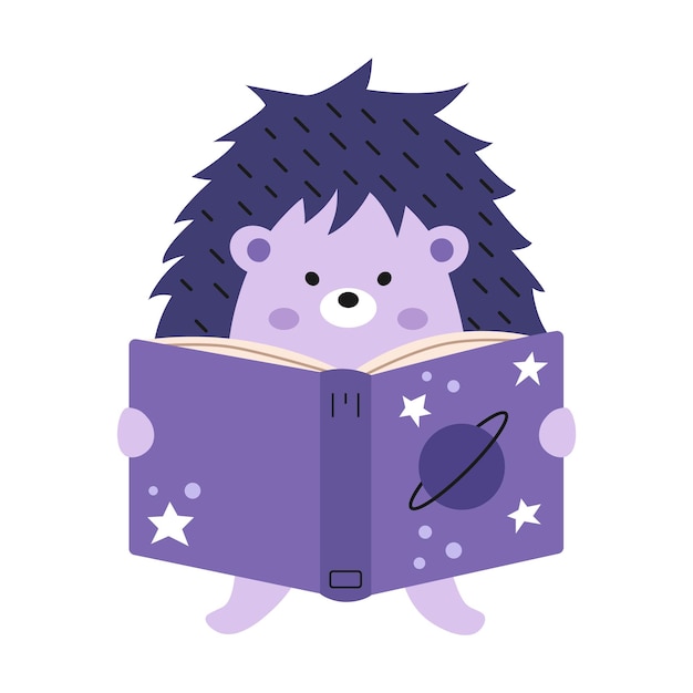 Livre de lecture de hérisson mignon de vecteur Hérisson avec livre ouvert Livre avec étoiles et planète