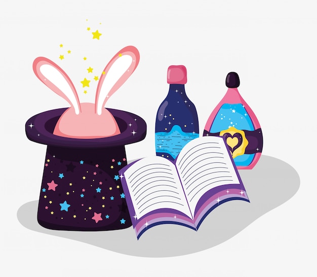 Vecteur livre magique avec effet de potions et chapeau avec lapin