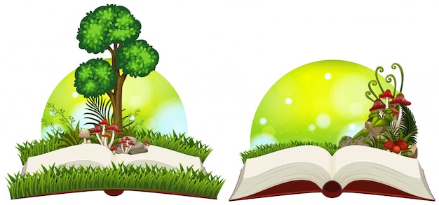 Vecteur livre de la nature avec de l'herbe et des arbres
