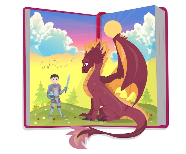 Vecteur livre ouvert de contes avec illustration vectorielle chevalier et dragon