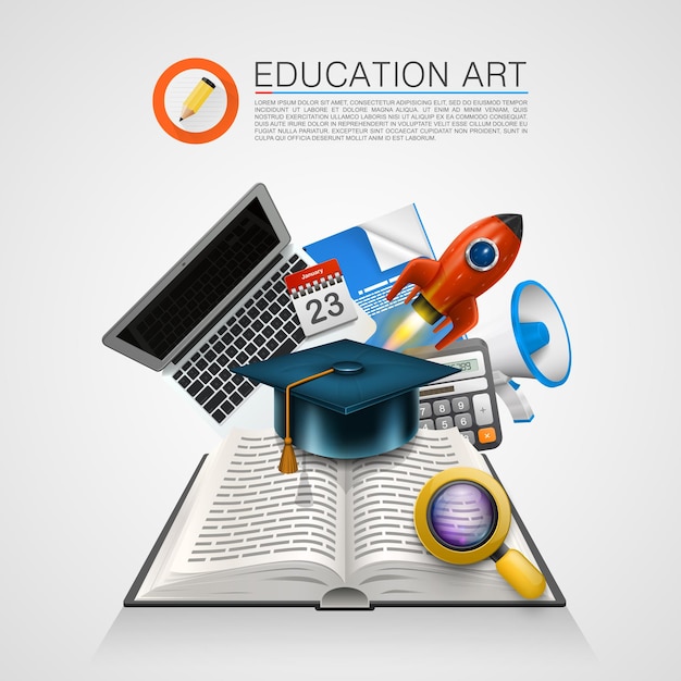 Livre ouvert avec un ensemble d'objets art signe. Illustration vectorielle