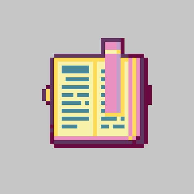 livre ouvert avec un signe de marque-page dans le style pixel art