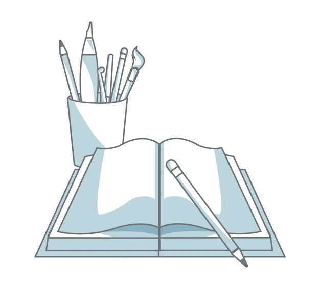Vecteur livre ouvert avec une tasse de crayons bleu et blanc