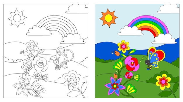 Livre Ou Page De Coloriage De Fleurs Et De Papillons, éducation Pour Les Enfants, Illustration Vectorielle.