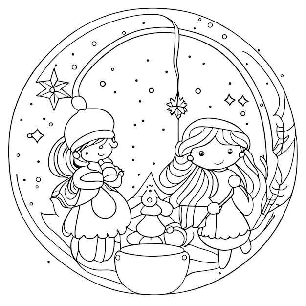 Vecteur livre pour enfants, jolie page de coloriage sur le thème de noël avec des chutes de neige et un arbre