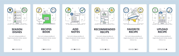 Livre de recettes site web et application mobile écrans d'intégration modèle vectoriel de bannière de menu pour le développement de sites Web et d'applications livre de recettes de cuisine de cuisine en ligne style plat d'art à lignes minces