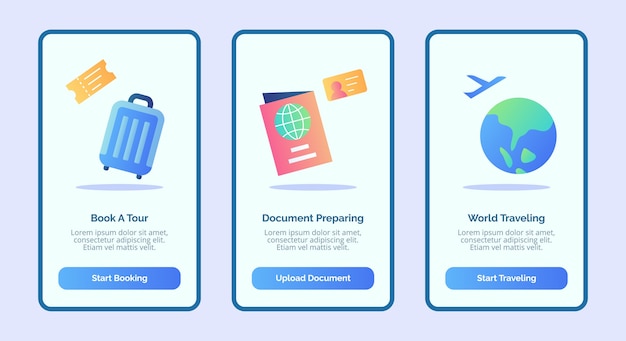 Livre de voyage un document de tournée préparant le monde à voyager pour l'interface utilisateur de la page de bannière du modèle des applications mobiles