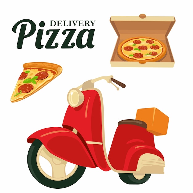 Vecteur livrer des pizzas sur un cyclomoteur rouge pizza illustration vectorielle isolée sur fond blanc pour le web icône bannière affiche menus logotype brochure présentation