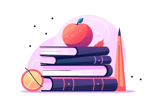 Livres Et Apple Physique Sujet Concept Isolé Sur Fond Blanc Illustration De Dessin Animé De Vecteur