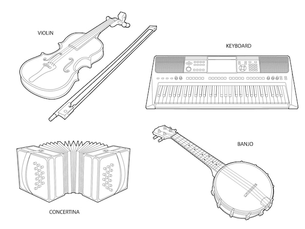 Vecteur livres à colorier série d'instruments de musique page 9