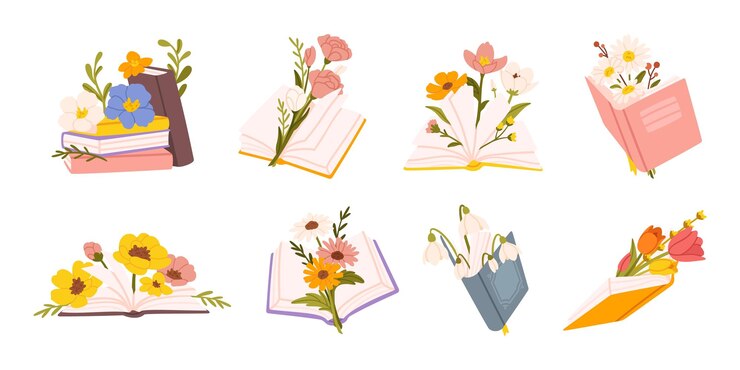 Vecteur livres et fleurs bouquet de fleurs sauvages pour une bonne littérature romantique poésie romance