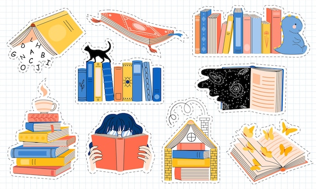 Livres et icônes vectorielles de lecture définies dans le style doodle Concepts graphiques sur la lecture passe-temps préféré