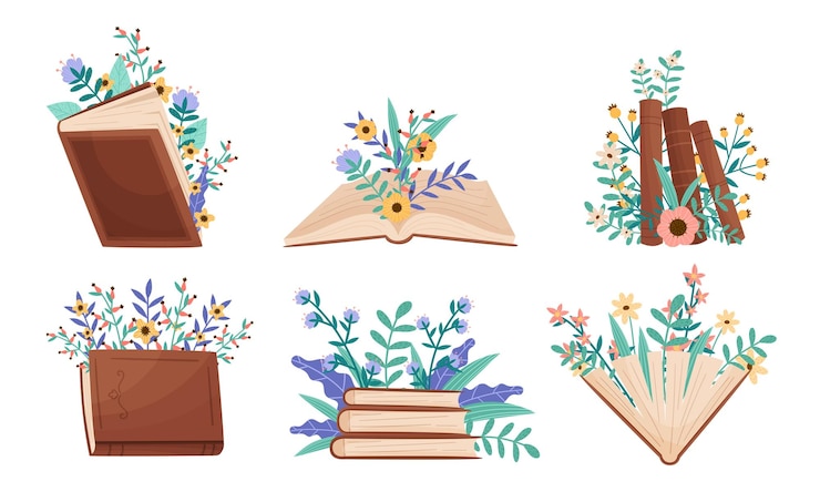 Vecteur livres ouverts et fermés allongés et debout avec des compositions florales derrière eux set vectoriel