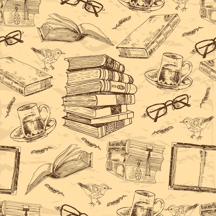 Vecteur livres vintage croquis modèle sans couture avec tasse à thé oiseau plume et lunettes vector illustration
