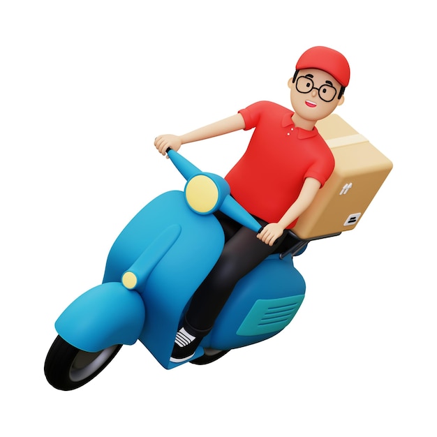 Un livreur 3D gratuit sur un scooter va livrer un colis.