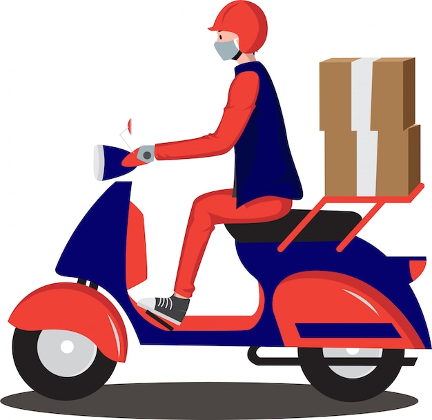 Livreur livre le colis à l'aide d'une moto