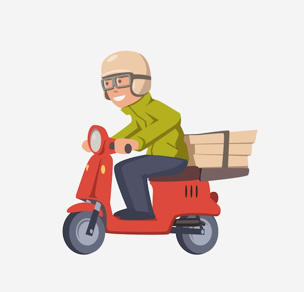 Livreur De Pizza Sur Scooter. Courrier Souriant Avec Des Boîtes Sur Moto. Personnage De Dessin Animé Isolé Sur Blanc