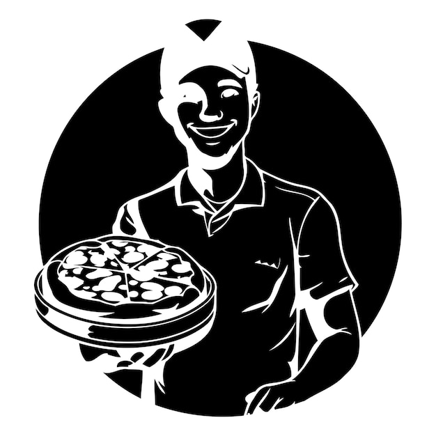 Vecteur un livreur de pizza tenant une pizza illustration vectorielle dans le style des dessins animés