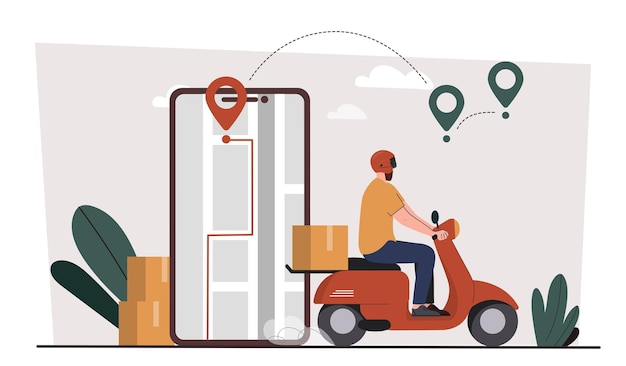 Un livreur de scooters avec un casque de protection jaune à vélo près d'un smartphone, des achats en ligne et