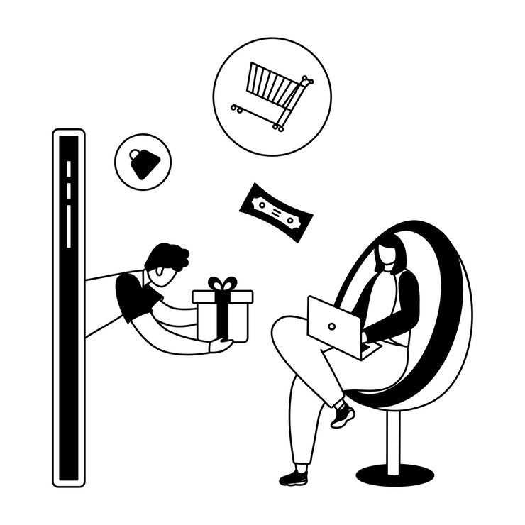 Vecteur livreur de style doodle donnant une boîte-cadeau à une femme d'affaires via un smartphone sur fond blanc