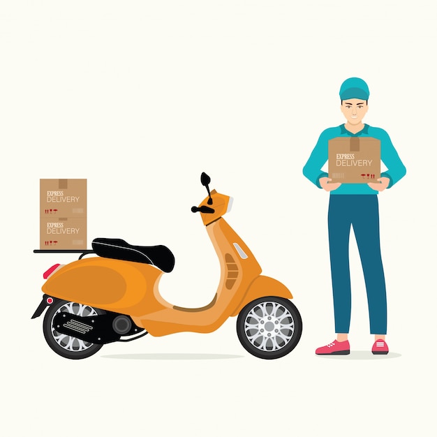 Vecteur livreur tenant des boîtes avec scooter moto.