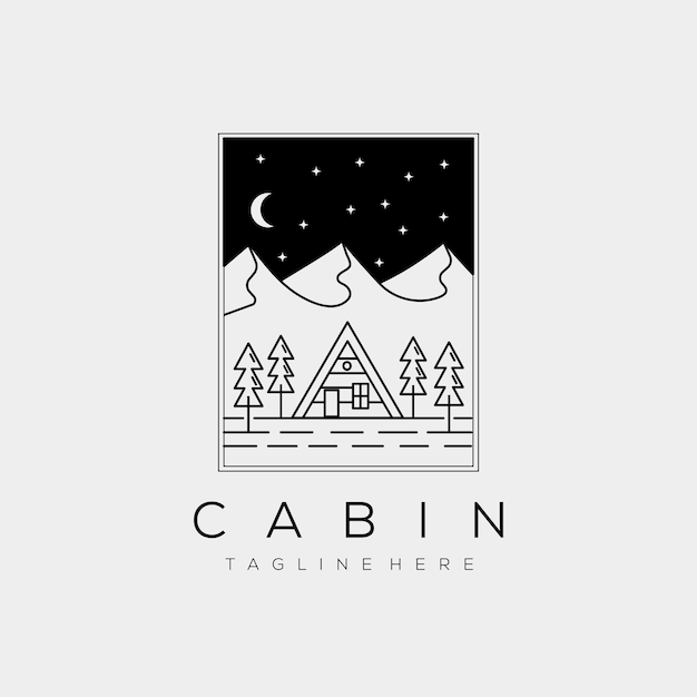 Location De Cabine De Nuit Ligne Minimaliste Art Insigne Logo Modèle Vector Illustration Design. Chalet Simple, Maison, Maison, Immobilier, Concept De Logo De Voyage