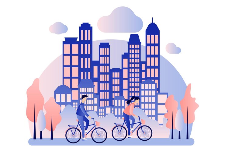 Location de vélos Arrière-plan de la ville avec des gratte-ciel Style de dessin animé plat Illustration vectorielle