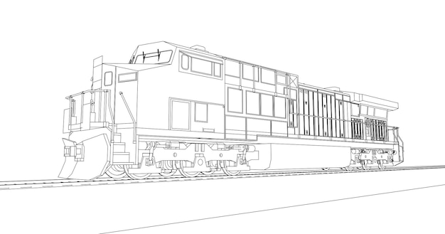 Locomotive ferroviaire diesel moderne avec une grande puissance et une grande force pour déplacer un train de chemin de fer long et lourd. Illustration vectorielle avec des lignes de trait de contour.