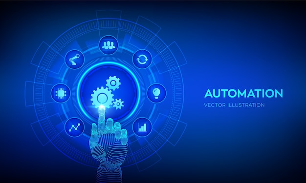 Logiciel D'automatisation. Concept Technologique Iot Et Automatisation. Main Robotique Touchant L'interface Numérique.