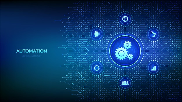 Logiciel d'automatisation de processus robotiques RPA IOT et concept de technologie d'automation Industrie intelligente Amélioration de la productivité Arrière-plan avec des connexions de circuits imprimés et des icônes technologiques Illustration vectorielle