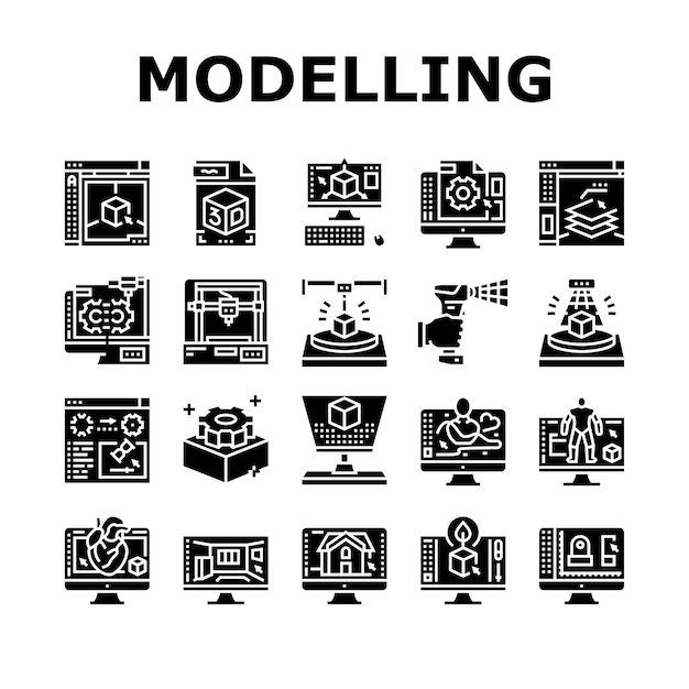 Logiciel de modélisation 3d et icônes de périphérique Set Vector