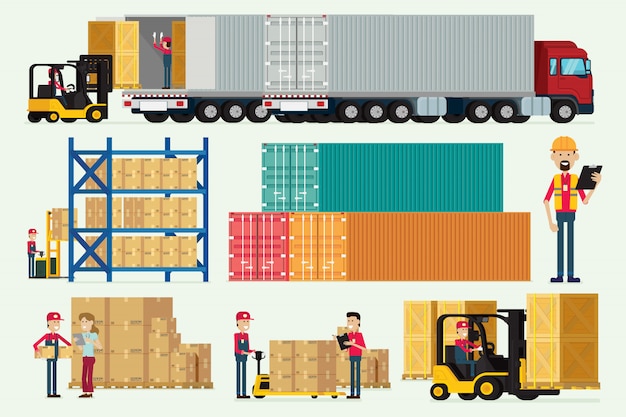 Logistique entrepôt avec camion de travailleurs de stockage et chariot élévateur fret boîte illustration vectorielle