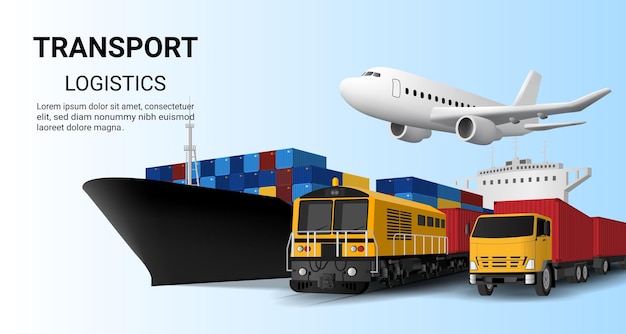 Logistique mondiale de livraison d'affaires Logistique globale de transport ferroviaire Train de fret navire avion camion entrepôt World wide exportation de fret importation transport de conteneurs illustration vectorielle 3d
