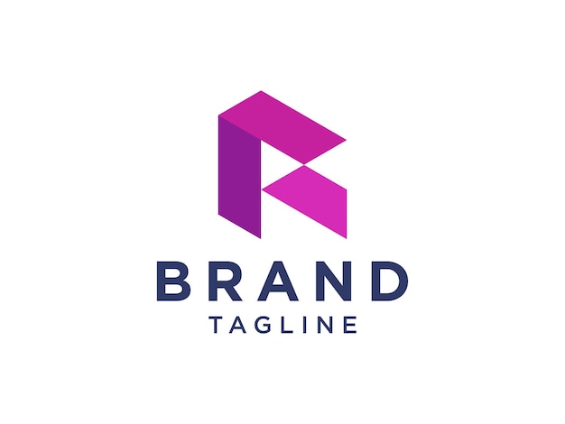 Logo abstrait de la lettre initiale R. Style origami de forme géométrique violet isolé sur fond blanc.