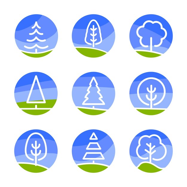 Logo abstrait de la nature Arbres de couleur blanche isolés sur fond de ciel bleu et champ vert dans le style lineart ensemble forêt parc et jardin collection de signes de cercle plat