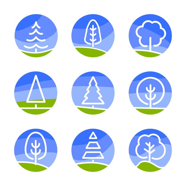 Logo Abstrait De La Nature Arbres De Couleur Blanche Isolés Sur Fond De Ciel Bleu Et Champ Vert Dans Le Style Lineart Ensemble Forêt Parc Et Jardin Collection De Signes De Cercle Plat