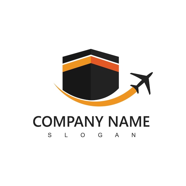 Vecteur logo de l'agence de hajj et d'umrah visite et icône de voyage avion volant avec illustration de kabah