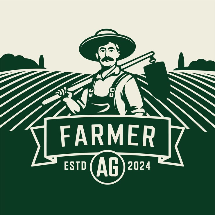 Vecteur logo de l'agriculteur avec des champs et une esthétique vintage