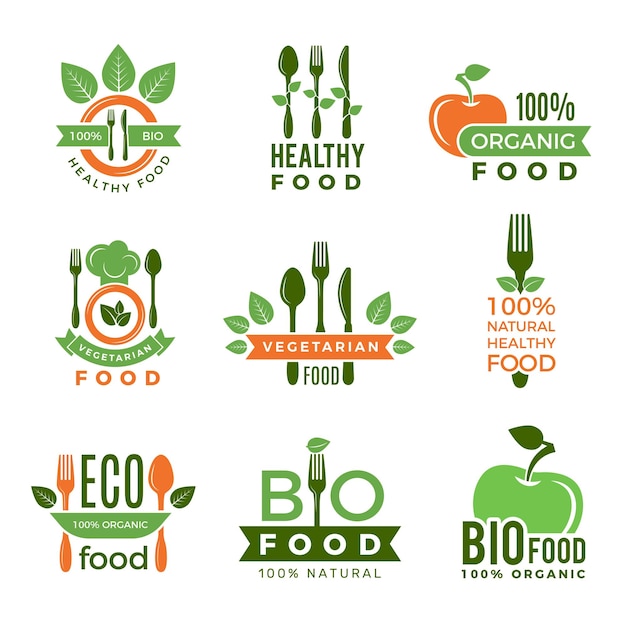 Logo d'aliments biologiques Ingrédients de santé naturels éco-végétaliens pour badges ou étiquettes vecteur symboles de qualité modernes Illustration du logotype et du badge de l'emblème du logo bio et écologique