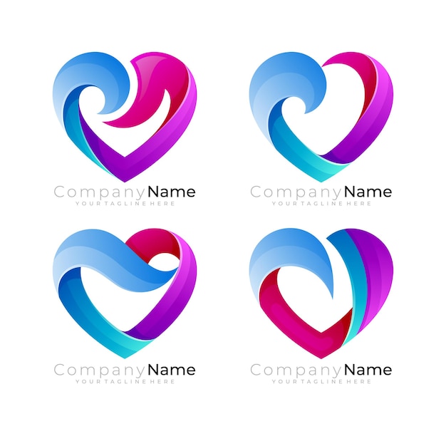 Logo d'amour de symbole et combinaison de conception de vague, style 3d