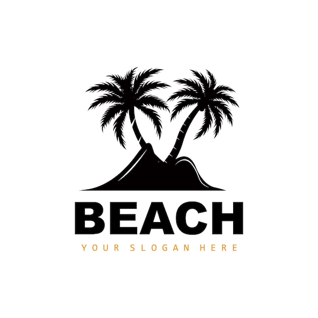 Logo d'arbre de noix de coco avec la conception de vue de coucher de soleil de vecteur d'usine de plage d'atmosphère de plage
