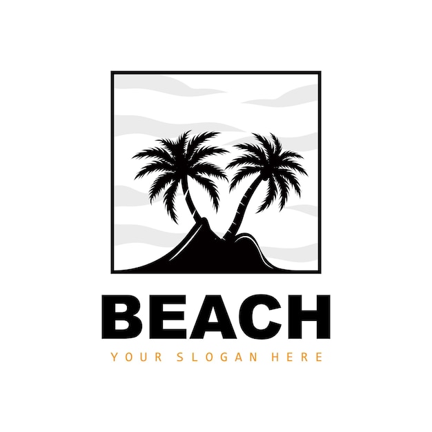 Logo d'arbre de noix de coco avec la conception de vue de coucher de soleil de vecteur d'usine de plage d'atmosphère de plage