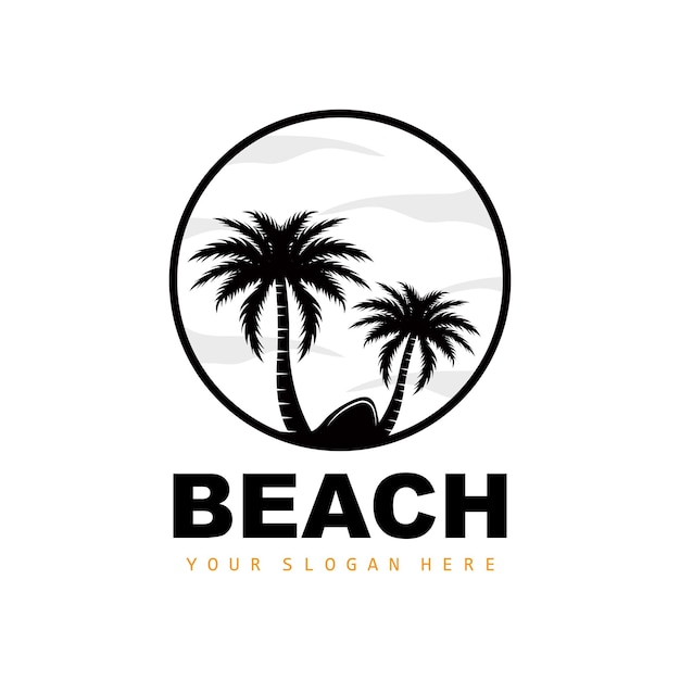 Logo d'arbre de noix de coco avec la conception de vue de coucher de soleil de vecteur d'usine de plage d'atmosphère de plage