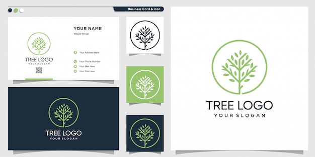 Logo d'arbre avec style d'art en ligne et modèle de conception de carte de visite