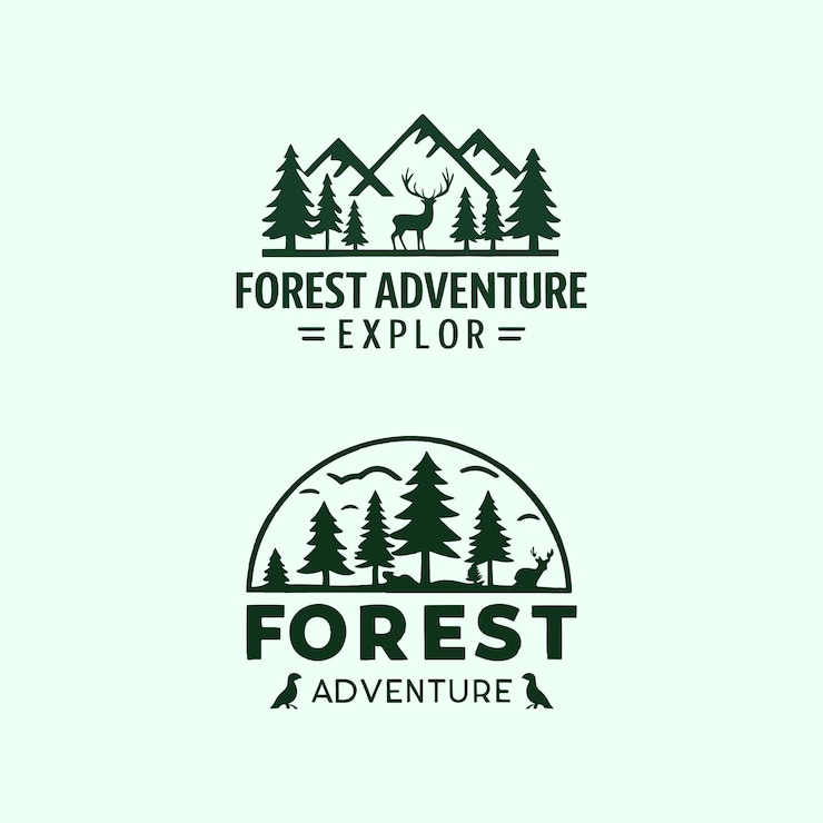 Vecteur le logo de l'aventure forestière avec des arbres verts et des montagnes