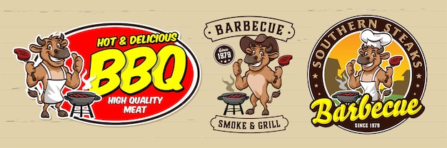 Logo De Barbecue De Dessin Animé Rétro Avec Vache