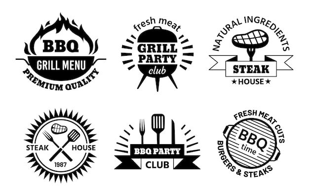 Logo De Barbecue. Emblèmes De Barbecue Et Steak House Pour Le Menu Du Restaurant. étiquettes De Club De Barbecue Avec Grill Chaud, Viande, Saucisses Et Outils De Cuisine, Ensemble D'images Vectorielles. Illustration De Logo De Restaurant De Barbecue De Logo