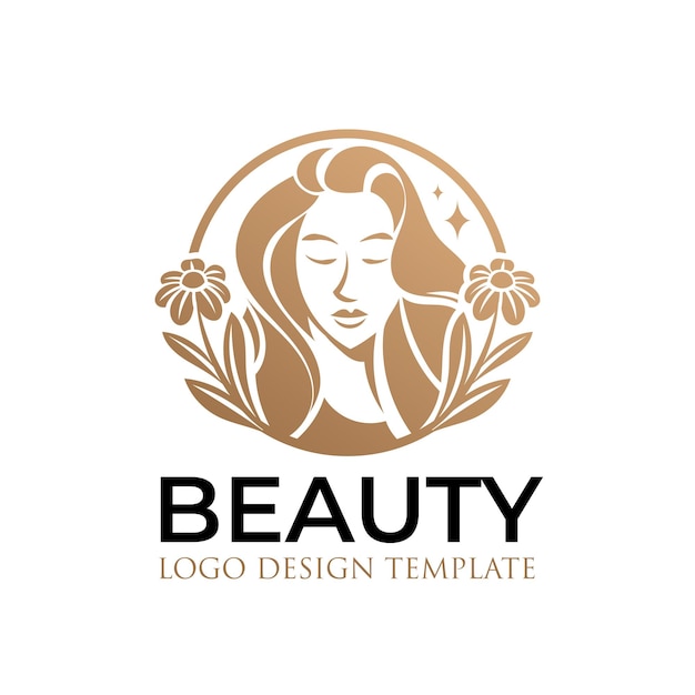 Logo de belle femme avec des feuilles et des fleurs d'or