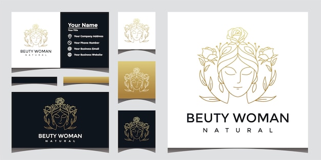 Logo De Belle Femme Naturelle Avec Style D'art En Ligne Et Conception De Carte De Visite.