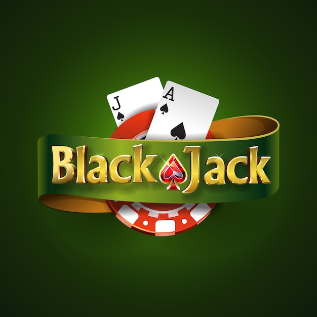 Vecteur logo de blackjack avec ruban vert et sur fond vert, isolé. jeu de cartes. jeu de casino